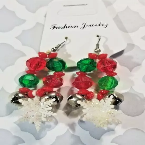 Earrings 3-D Snowflakes Jingle Bells + Beads Dangle Pierced