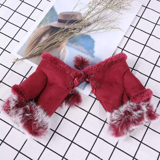 Womens Winter Warmer Fingerless Gloves Faux Rabbit Fur Suede Wrist Solid Mittenღ