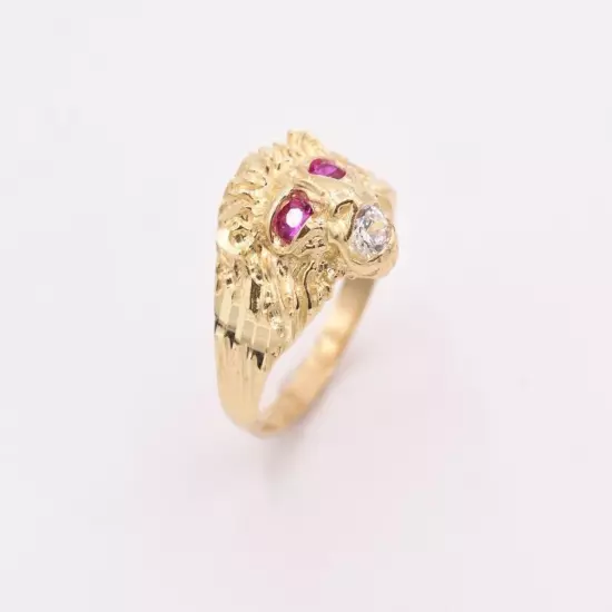 Men's Unisex Lion Head Ring Ruby Eyes & CZ Real Solid 10K Yellow Gold Size 8