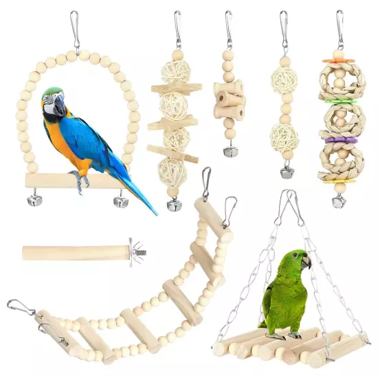 8 PCS Bird Toys for Parakeets, Parrot Swing Chewing Hanging Standing Wooden T...