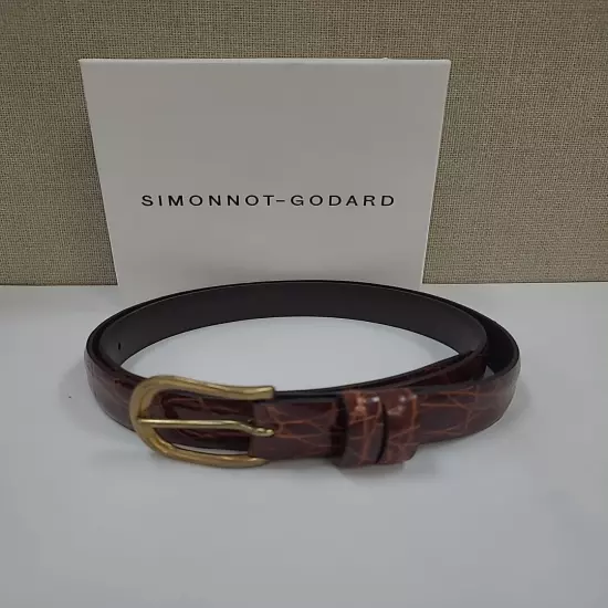 New Simonnot Godard Crocodile Print Leather Belt Brown Sz 36" (90cm) x 1" Wide