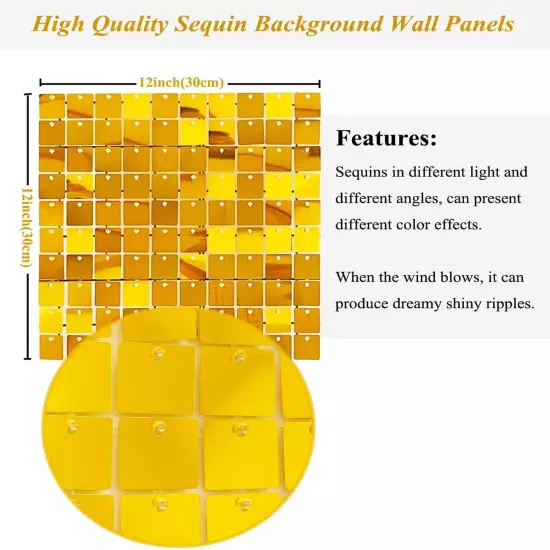 LANGXUN 24pcs Gold Square Sequin Shimmer Wall Backdrop Panels, for Birthday P...