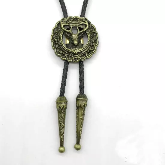 Vintage Bolo Tie Western Cowboy Indian Deer Head Mens Necklace PU Rope Alloy