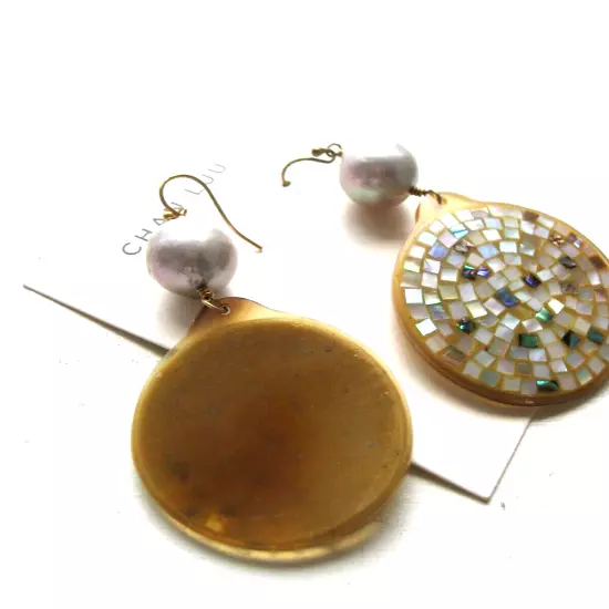 Chan Luu Earrings Pearl Abalone Shell Inlay Mosaic Style Gold NWT $215 Moderrn