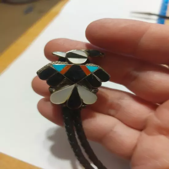 Vintage Not Signed ? Zuni ? Thunderbird Bolo Tie Inlay Native American F27 