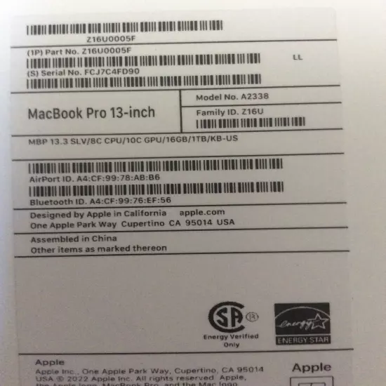 MacBook Pro 13 -inch Maodel No.A2338 (Empty Box Only)