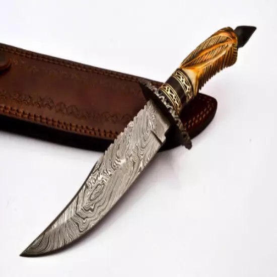 13in - BEAUTIFUL CUSTOM HAND MADE DAMASCUS HUNTING BOWIE HANDLE BONE WITH SHEATH