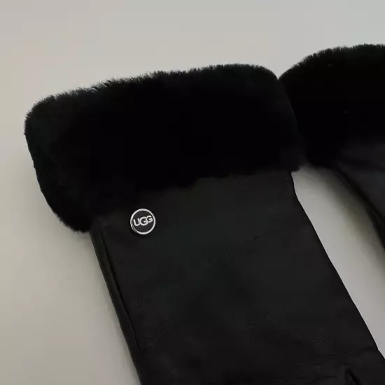 UGG Touchscreen Black Leather Gloves w/ Genuine Shearling Trim Size S