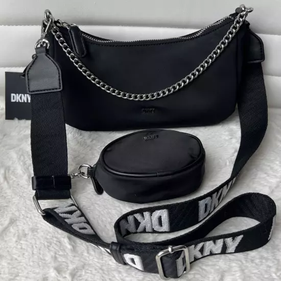 DKNY Black Cairo MD Pouchette Crossbody Bag with Airpod Case Pouch MSRP $128 NWT