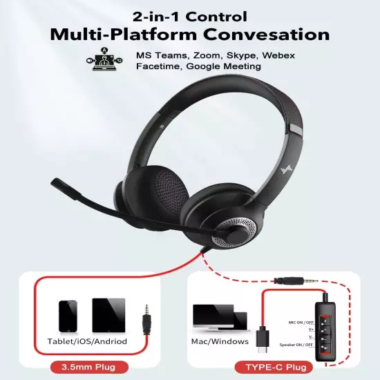 USB Wired Headset w/Mic for PC/Laptop, Noise Cancelling - Type-C Over-Ear 3.5mm