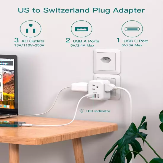 Switzerland Travel Plug Adapter, Swiss Outlet Adapter with 3 Outlets 3 USB Charg