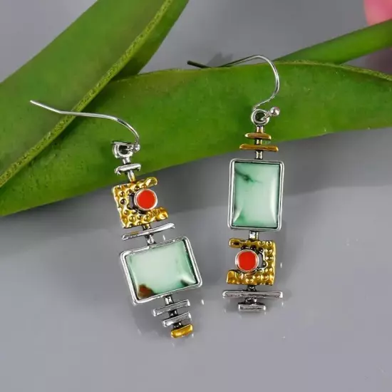 Boho Vintage Geometric Drop Hook Earrings Silver Plated Synthetic Gemstone Gift