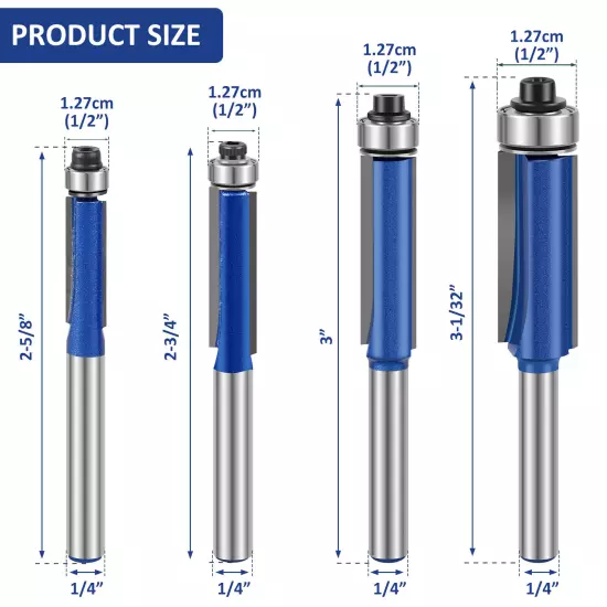 4Pcs 1/4inch Shank Flush Trim Router Bit Set Carbide Top Bearing Wood Cuttingφ