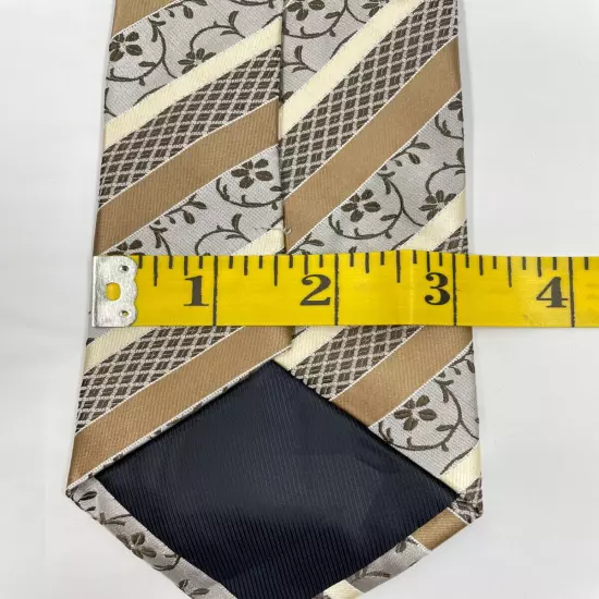 Hi-Tue Gold Beige Floral Paisley and Striped Repp Silk Tie 3" x 59"