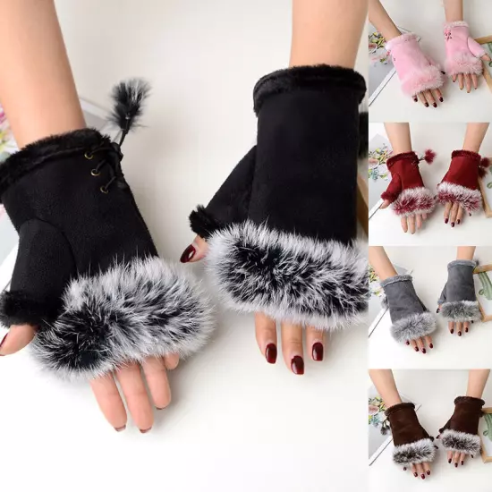 Womens Winter Warmer Fingerless Gloves Faux Rabbit Fur Suede Wrist Solid Mittenღ