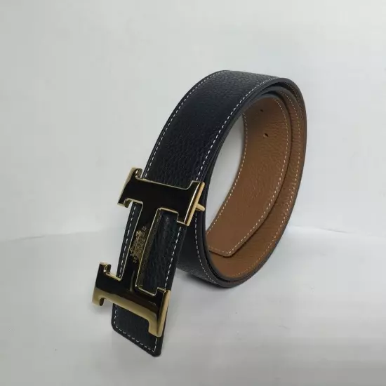 Hermes Gold Buckle Reversible Leather Black Brown white Stitch Belt 95 Unisex