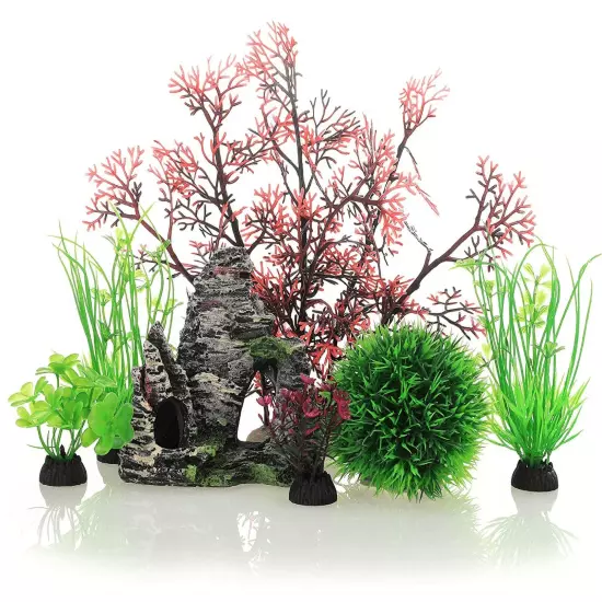 7-Pack Aquarium Fish Tank Decorations - Plastic Plants & Cave Rock, Colorful Art