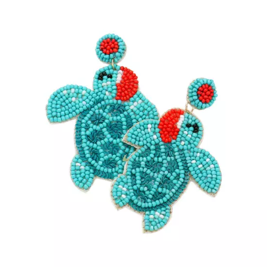 Turquoise Felt Back Seed Beaded Santa Hat Turtle Dangle Earrings