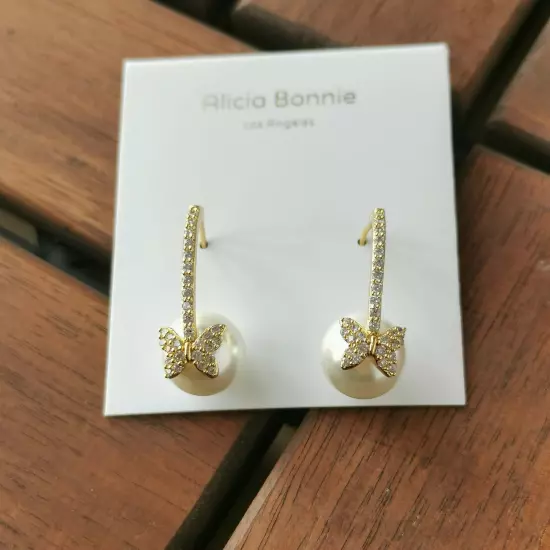 Alicia Bonnie Fluttering Wonder Gold Earrings Pearl White Crystal w/dust bag