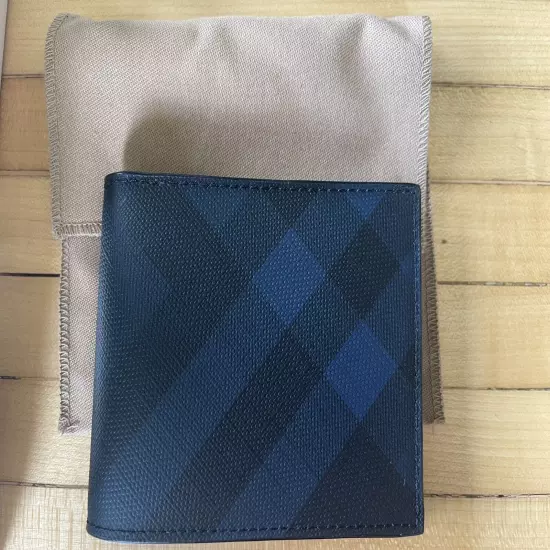 BURBERRY MEN'S CHECK LEATHER BIFOLD WALLET BLUE