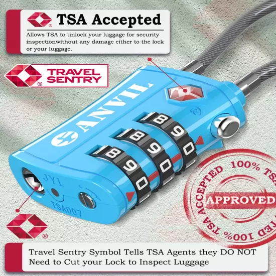 TSA Approved Luggage Locks - Re-Settable 3-Digit Combination Cable Lock with All