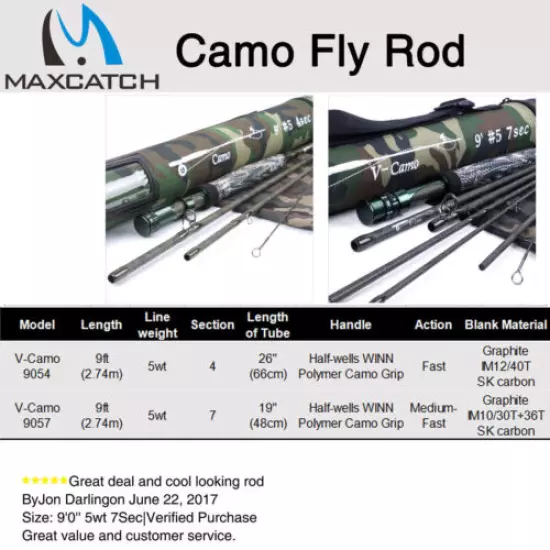 Maxcatch Camo Fly Rod 9ft 5WT 4/7Sec Graphite Blank Cordura Fishing Rod Tube