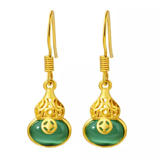 Natural Jade Gourd Earrings Real Jewelry Carved Gemstone Luxury 18K Gold Plated