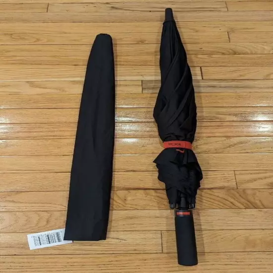 Tumi Black Stick Umbrella w/Red Logo & Protective Sleeve Cover New With Tags