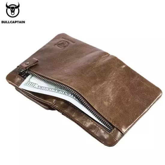 BULLCAPTAIN Retro Genuine Leather RFID Mens Wallet Card ID Holder Zipper Purse