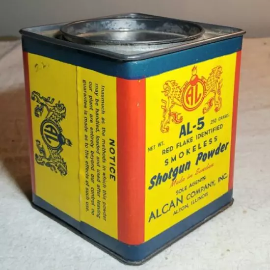 VINTAGE ALCAN COMPANY AL-5 RED FLAKE SMOKELESS SHOTGUN POWDER SQUARE CONTAINER 