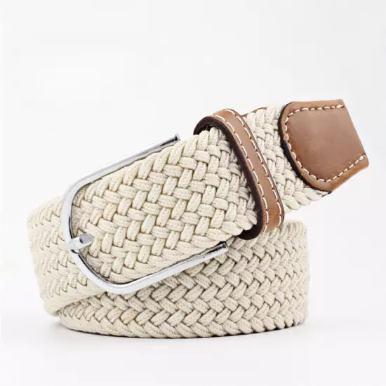 Mens Ladies Belts Canvas Webbing Braided Leather U Buckle Elastic Woven Stretch