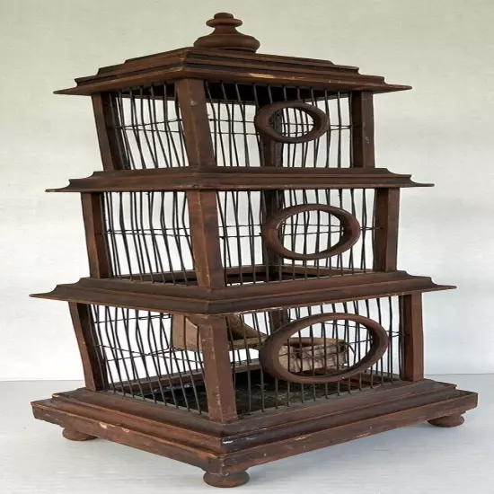 Vintage Bird Cage 30" Pagoda Style Brown Wood & Wire Large Floor Standing Cage