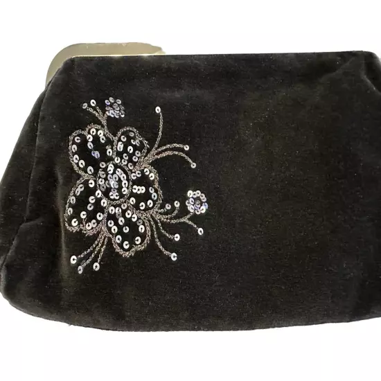 Express Beaded Sequined Clutch Purse Black Velvet Floral Beaded Appliqué New