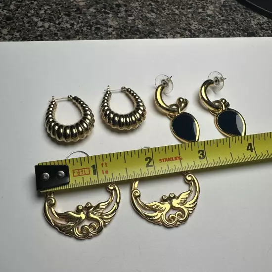 Retro Mix Hoop / Dangle Pierced Earrings Lot Of 3 Gold Tone 1 Black Enamel