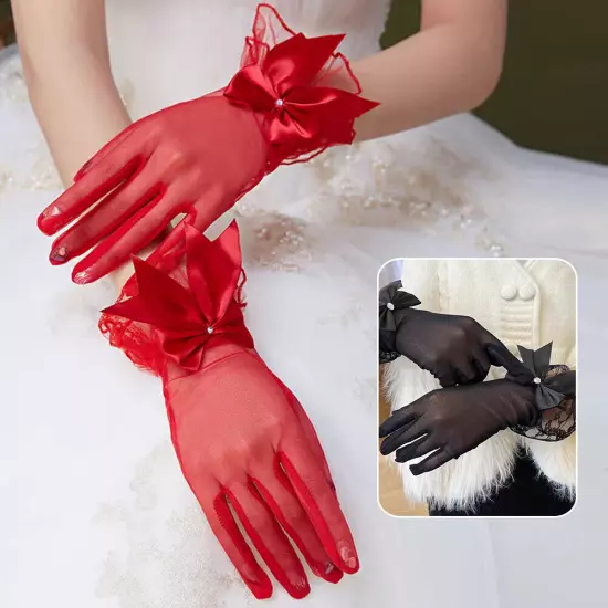 Women Short Bow Lace Floral Gloves Gothic Bride Wedding Mittens Sunscreen Gloves