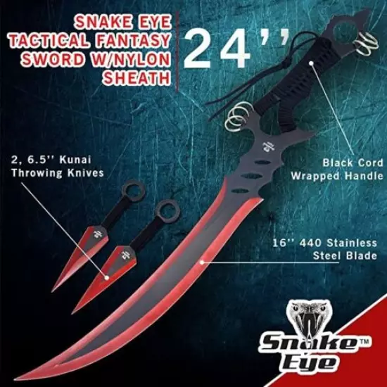 Snake Eye Tactical Red Ninja Sword and 2 Pc Kunai/Throwing Knife Set with Sheath