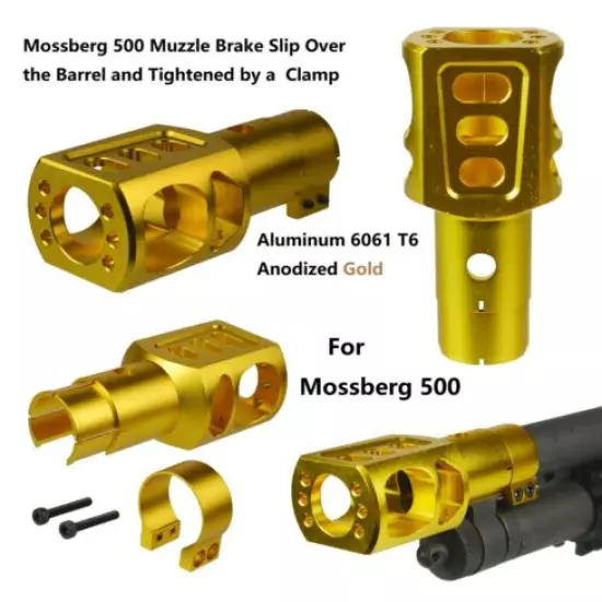 Tactical Mossberg 500 Slip Over Clamp Muzzle Brake 2/3 Up Recoil Reduced Gold