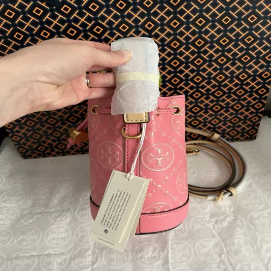 Tory Burch T Monogram Contrast Embossed Mini Bucket Bag Crossbody Bag Rose Pink