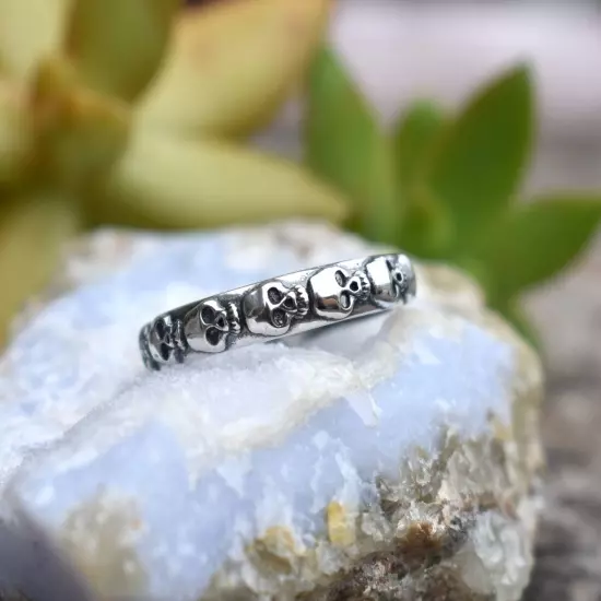 Skull Ring- Skull Eternity Band, Day of the Dead Ring, Halloween Ring, Silver Sk