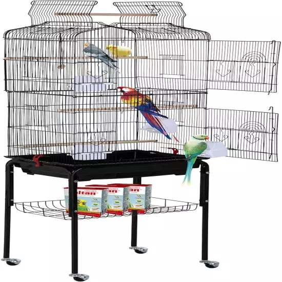 Bird Cage Parakeet 64 Inch Open Top Standing Parrot Accessories with Rolling Sta