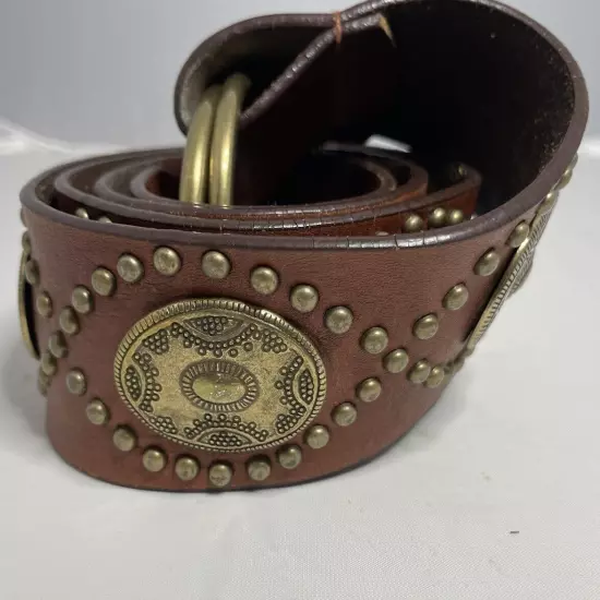 Brown Leather Studded Conch Western Belt Size 40”-42” Wide2” Heavy 10.8 Oz