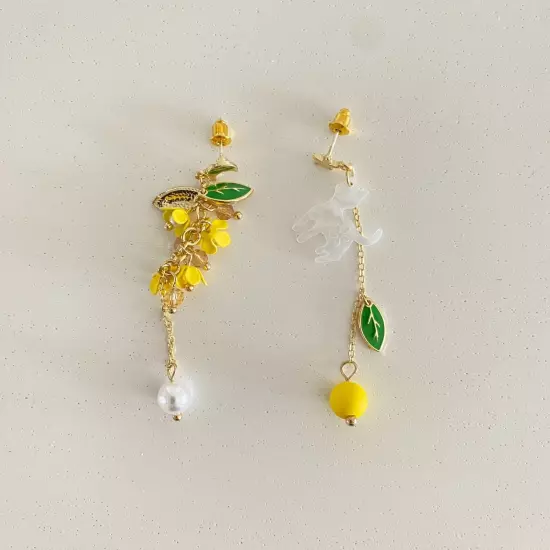 Cat Dangle Asymmetric Earrings Gold Tone, Yellow Flowers Summer