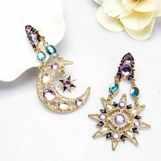 Boho Gold Star Sun Moon Crystal Rhinestone Drop Dangle Stud Earrings Jewelry Set