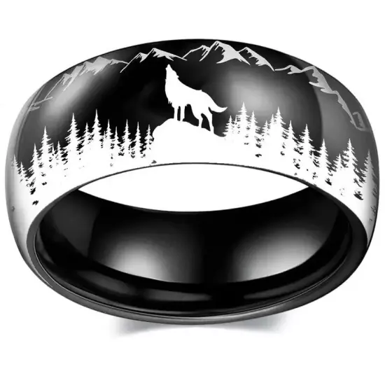 Wolf In The Forest Outdoor Pattern Men's Ring, Black Silvery Color Stainless Ste