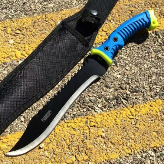 16" Tactical Hunting Fixed Blade Full Tang Blue Rubber Handle Knife with Sheath