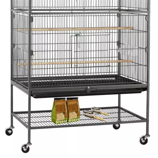 Metal 52-Inch Large Rolling Bird Cage with 3 Perches 4 Feeders