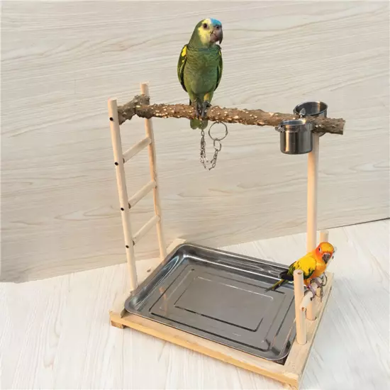 49*37*59cm Wood Bird Tree Stand Large Parrot Perch Playstand w/Steel Tray 2*Bowl