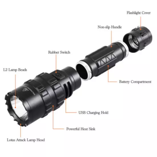 Flashlight 1600 Lumen with Mount Clip + Rechargeable Battery + Remote Switch