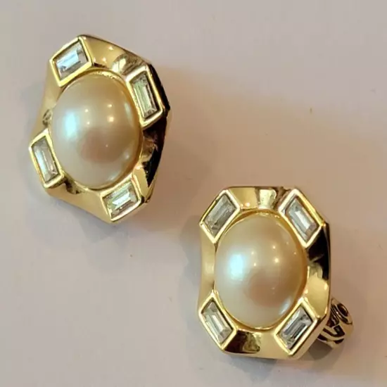 Monet Polished Gold Tone Baguette Rhinestone Faux Pearl Omega Earrings