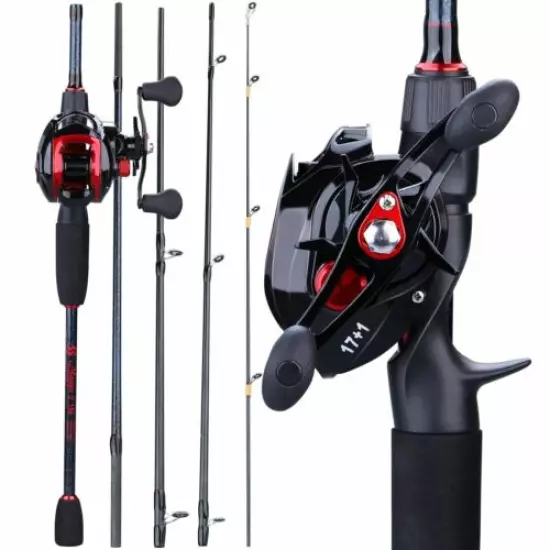 Bait Casting Fishing Rod And Reel Combo 5 Sections Lure Pole Travel Size Tackle